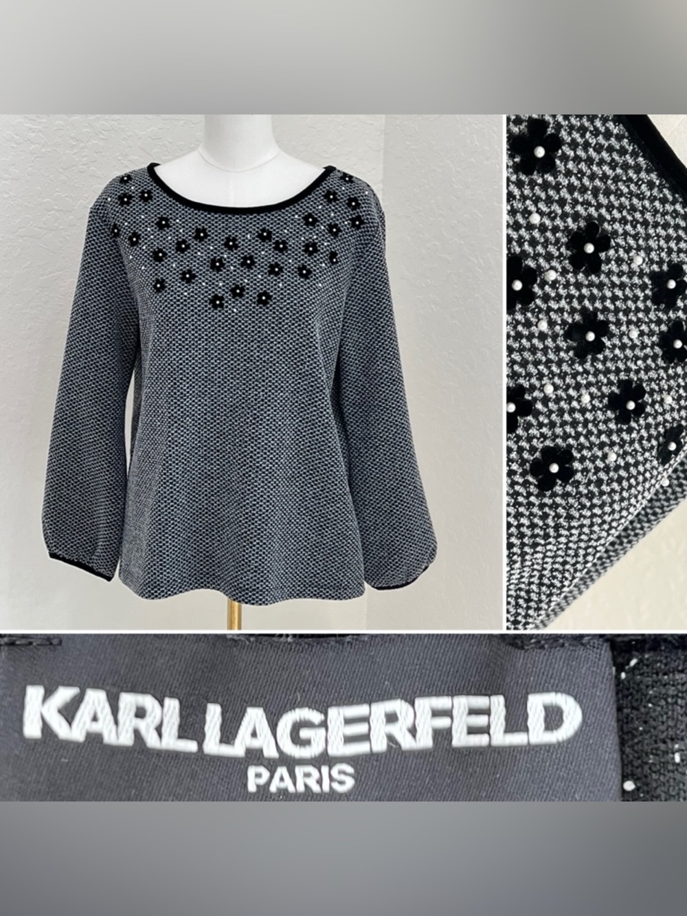 Karl Lagerfeld Black & White Beaded Knit Top